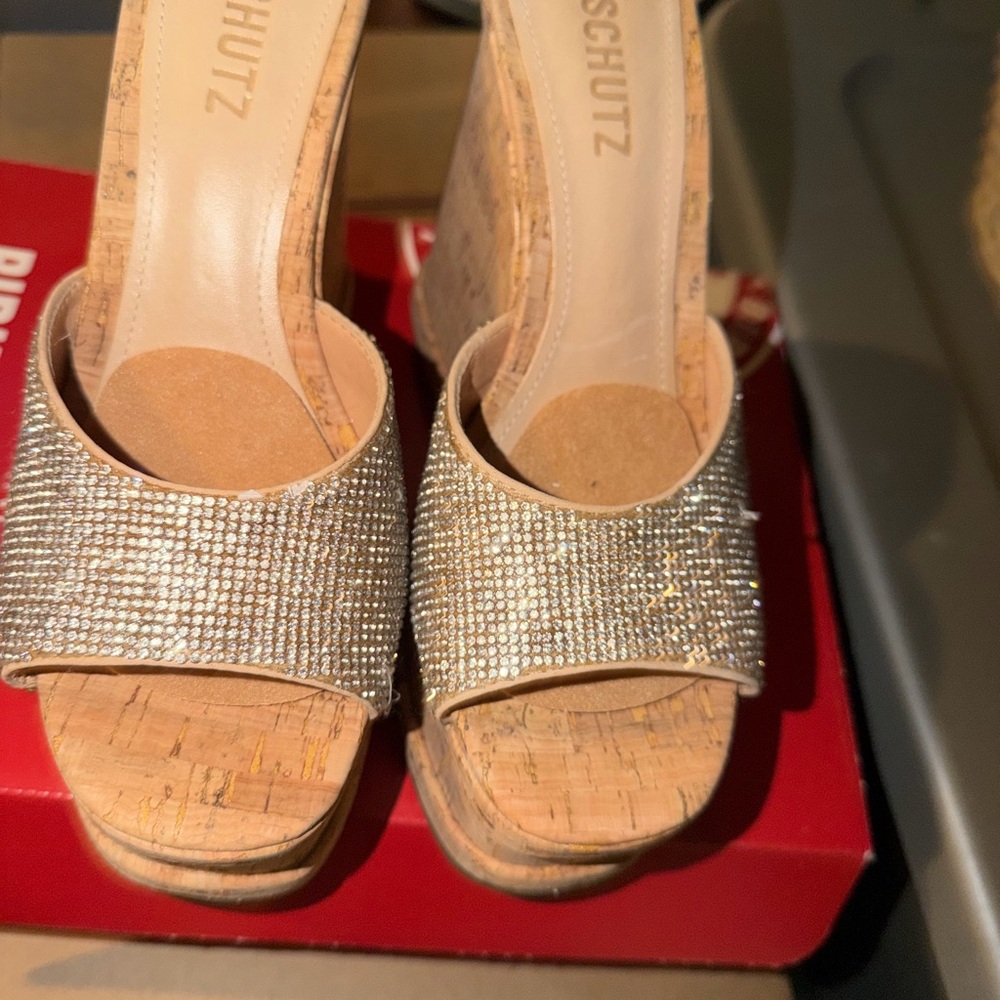 Schutz Gold Crystal Cork Wedge Sandals